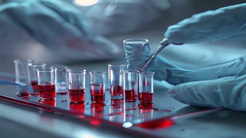 Close-up of safe blood sample collection with gloved hands and labelled tubes