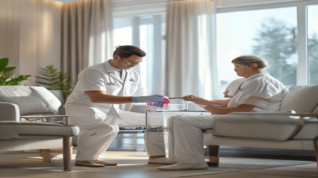 Mobile phlebotomist taking a blood sample from a patient at home in Manchester